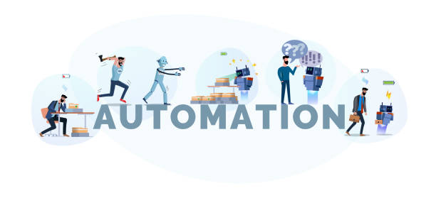 A large set of illustrations on topics like automation, software, robot A large set of illustrations on topics like automation, software, robot, mechanize, simplify, reduce the cost, chat bot, process technology, macro creation. Editable objects. Flat style illustration debugging stock illustrations