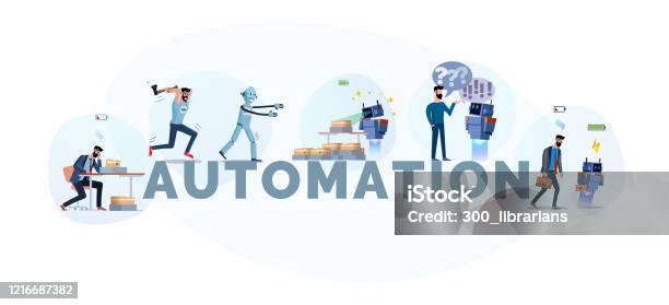 A Large Set Of Illustrations On Topics Like Automation Software Robot Stock Illustration - Download Image Now