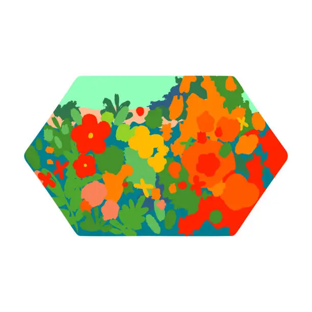 Vector illustration of Abstract simply drawn meadow flowers in the long hexagon shape