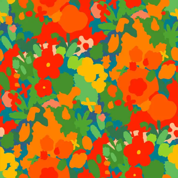 Vector illustration of Abstract seamless pattern of simply drawn meadow flowers.