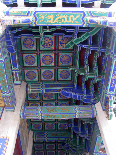 istock roofs and columns painted with red and blue paint of a Buddhist monastery 1216688183