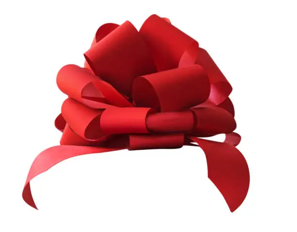 Big beautiful red bow for gift, gift wrapping, banner, advertisement, congratulation. Side view.