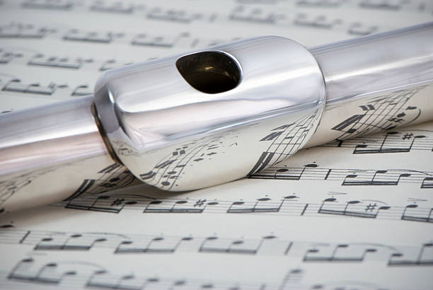 istock Silver flute on sheet music, close-up 121668860