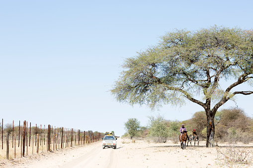Driving on dirt road in Botswana