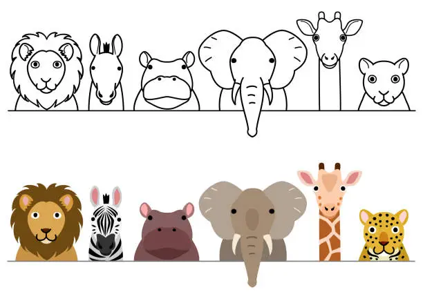 Vector illustration of cute cartoon safari animals border set