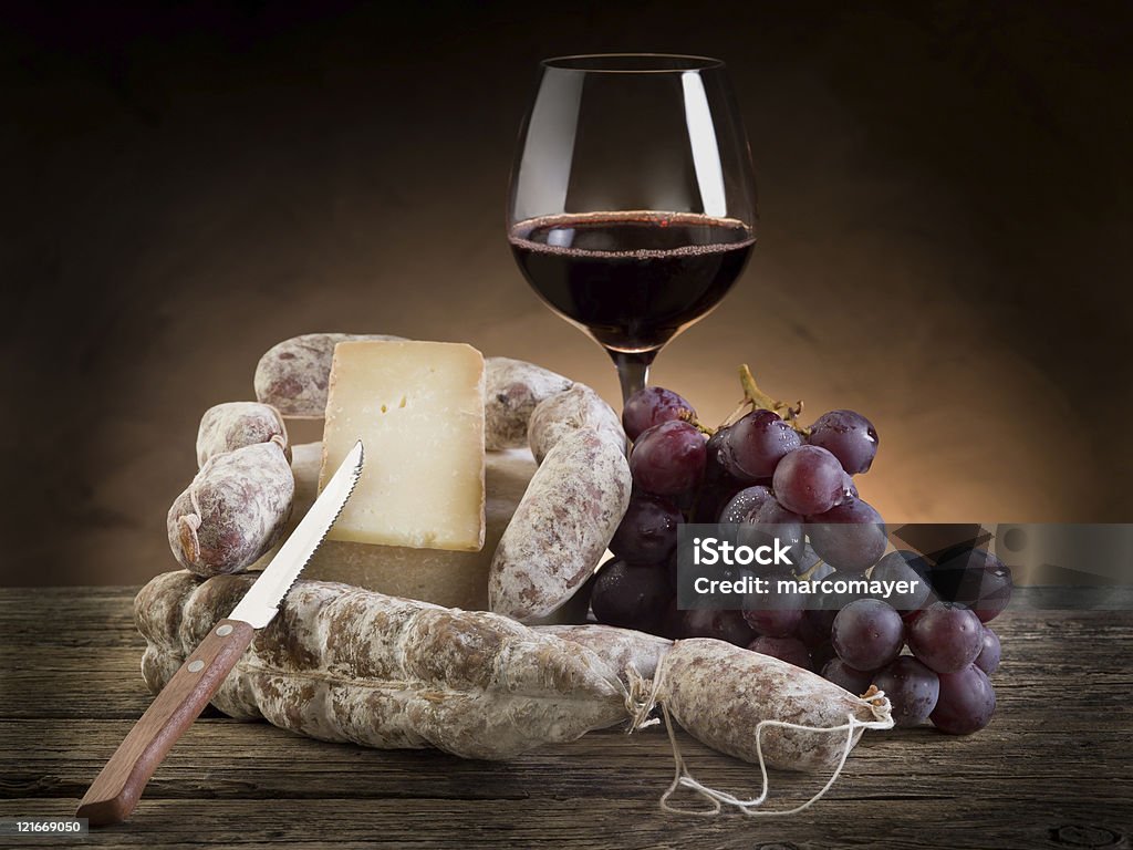 cheese salami grapes and red wine  Appetizer Stock Photo