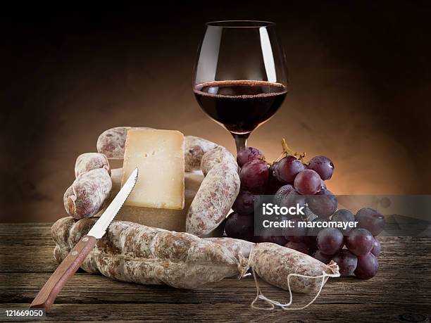 Cheese Salami Grapes And Red Wine Stock Photo - Download Image Now - Appetizer, Cheese, Color Image