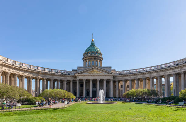 St. Petersburg, Russia - May 23, 2017: Kazan Cathedral in St. Petersburg, Russia. The foreground is the Kazanskaya Square with people and tourists.