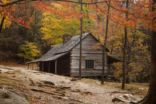 Wooden cabin in the Roaring Fork Motor Trail area of the Great Smoky Mountain National Park