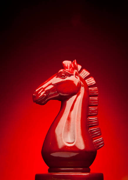 istock Wooden chess knight in red with red background 1216699101