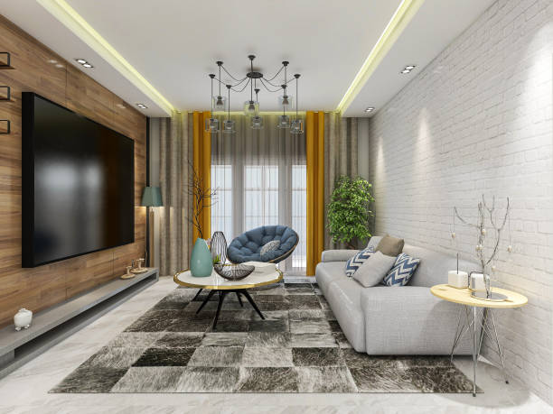 istock 3D rendering, spacious living room design of modern residence, with sofa, tea table, decorative painting, etc 1216700515