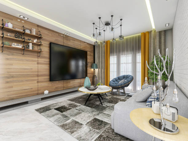 istock 3D rendering, spacious living room design of modern residence, with sofa, tea table, decorative painting, etc 1216700516