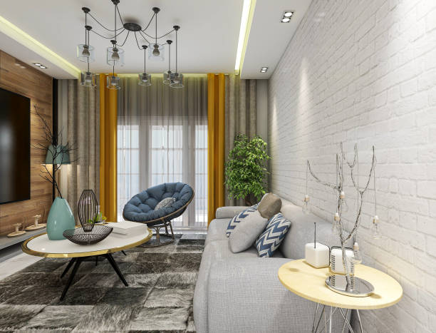 istock 3D rendering, spacious living room design of modern residence, with sofa, tea table, decorative painting, etc 1216700549