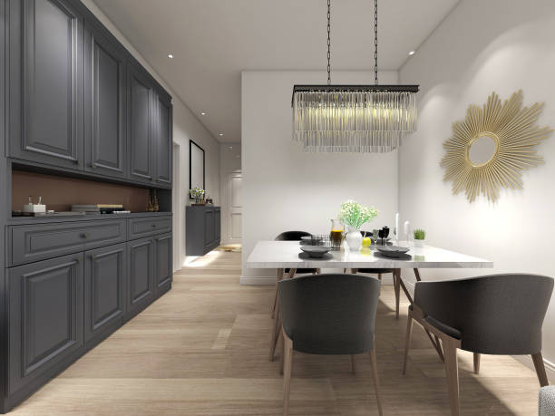istock 3D rendering, warm dining room area design, wooden dining table and chairs next to the dining cabinet 1216702188