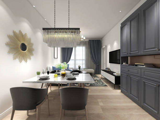 istock 3D rendering, warm dining room area design, wooden dining table and chairs next to the dining cabinet 1216702198
