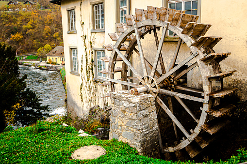 Glade Creek Grist Mill in Bobcock State Park during the fall season in the Appalachian Mountains of West Virginia, USA.