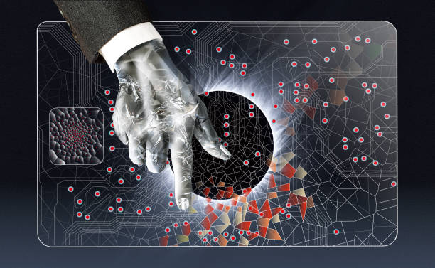 A cyborg in a business suit is checking his IC card. The background is a solar eclipse and solar corona that symbolize the future.