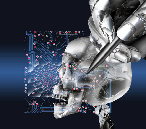 istock A metallic cyborg examines the AI robot's brain with a touch pen. 1216716160