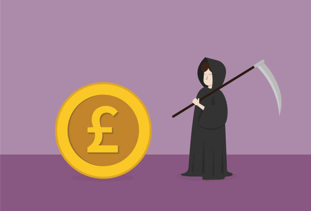 Businessman dresses grim reaper costume and UK pound coin Deflation - economics, Currency, Business, Bankruptcy, Economic crisis, Debt, Recession, Death evil corporation stock illustrations