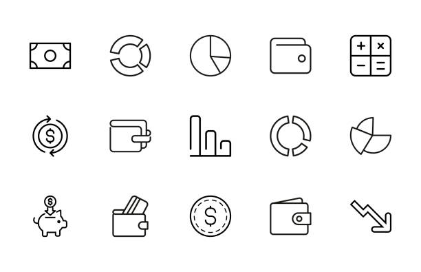 illustrations, cliparts, dessins animés et icônes de ensemble d’icônes de ligne de course de la dette - time savings currency pig