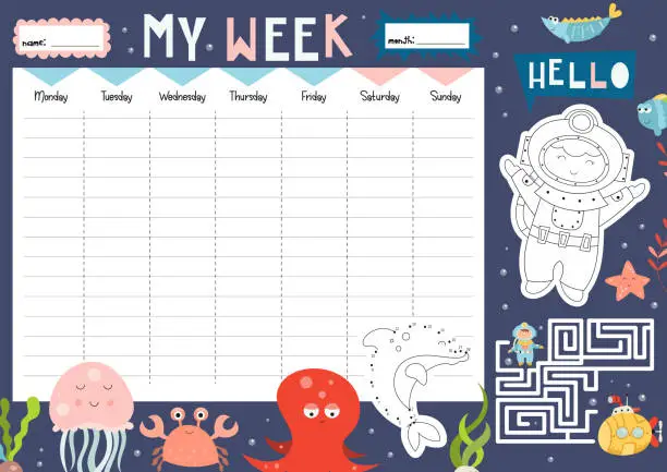 Vector illustration of weekly planner and games