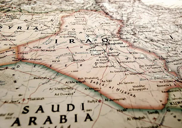 Macro shot of Iraq on a map.