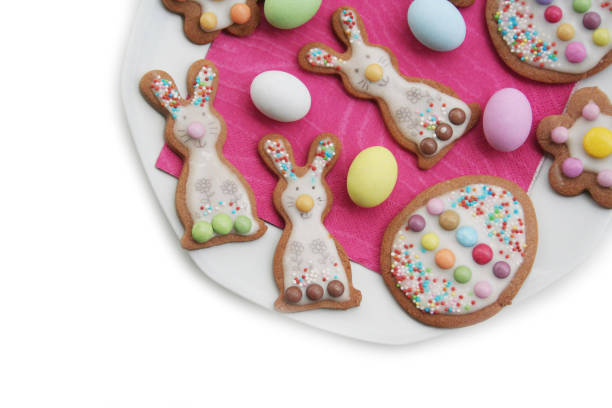 istock Homemade Easter cookies in shape of bunny and Easter eggs on a plate on white 1216735492