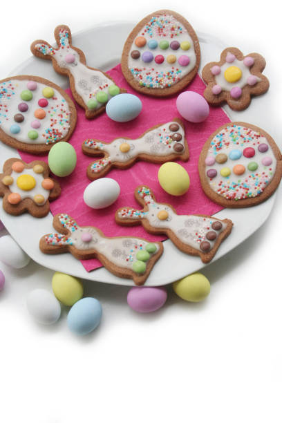 istock Homemade Easter cookies in shape of bunny and Easter eggs on a plate on white 1216735504