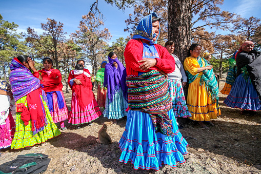 Sierra Tarahumara, Chihuahua, Mexico, January 16 -- A group of Raramuri (Tarahumara) women dressed in traditional clothes near the town of Bocoyna, in the Sierra Tarahumara of the Mexican state of Chihuahua, an area very affected by drought, famine and the consequences of climate change.