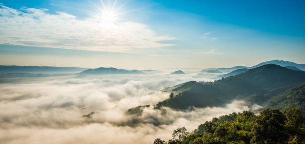 Sunrise and the mist in winter morning Aerial view, landscape of mountain and the mist with sunrise in winter, view from top of mountain, Panorama nong khai province stock pictures, royalty-free photos & images