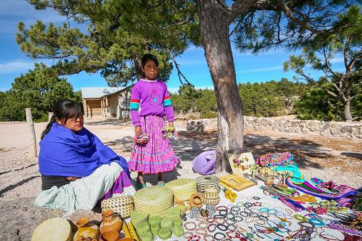 Sierra Tarahumara, Chihuahua, Mexico, January 16 -- An Raramuri (Tarahumara) women dressed in traditional clothes sells some handicraft items near the town of Bocoyna, in the Sierra Tarahumara of the Mexican state of Chihuahua, an area very affected by drought, famine and the consequences of climate change.
