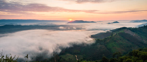 Sunrise and the mist in winter morning Sunrise and the mist in winter Landscape, view from top of mountain , Panorama nong khai province stock pictures, royalty-free photos & images