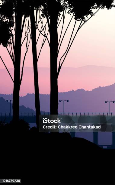 Bridges And Travel Natural Forest Mountains Horizon Hills Silhouettes Of  Trees Sunrise And Sunset Landscape Wallpaper Illustration Vector Style  Colorful View Background Stock Illustration - Download Image Now - iStock