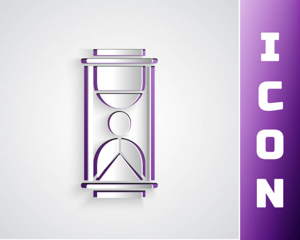 ilustrações de stock, clip art, desenhos animados e ícones de paper cut old hourglass with flowing sand icon isolated on grey background. sand clock sign. business and time management concept. paper art style. vector illustration - hourglass time purple deadline