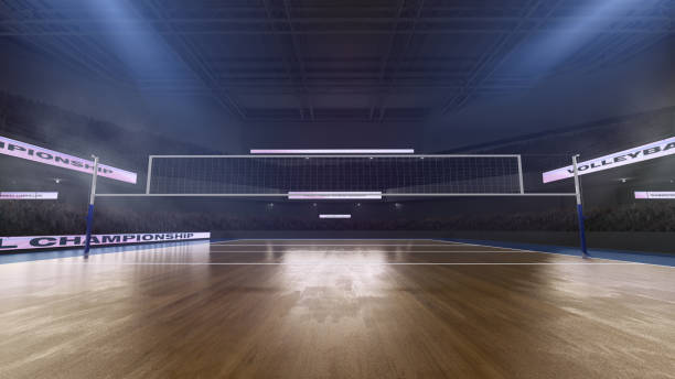 Volleyball stadium. Volleyball stadium with people fan. Sport arena. Render 3D. volleyball net stock pictures, royalty-free photos & images