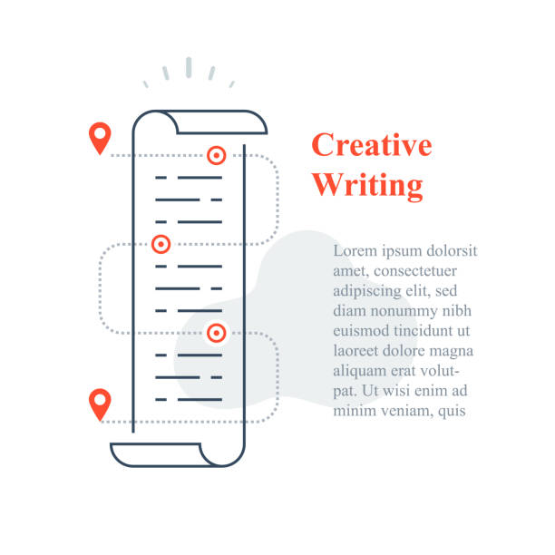 Creative writing concept, copywriting or storytelling course, paper scroll, text edit, fast reading, article content Creative writing concept, copywriting or storytelling course, paper scroll, text edit, fast reading, article content, book summary, vector line icon short story stock illustrations