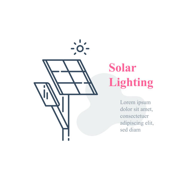 Solar panel lighting system, street lamp, energy efficient lantern, autonomous solution Solar panel lighting system, street lamp, energy efficient lantern, autonomous solution, vector line icon solar street lights stock illustrations