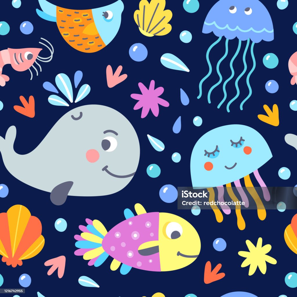 Seamless Sea Life Pattern Vector Background With Fishes Underwater Creatures  And Funny Ocean Animals Kids Repeat Digital Paper Stock Illustration -  Download Image Now - iStock