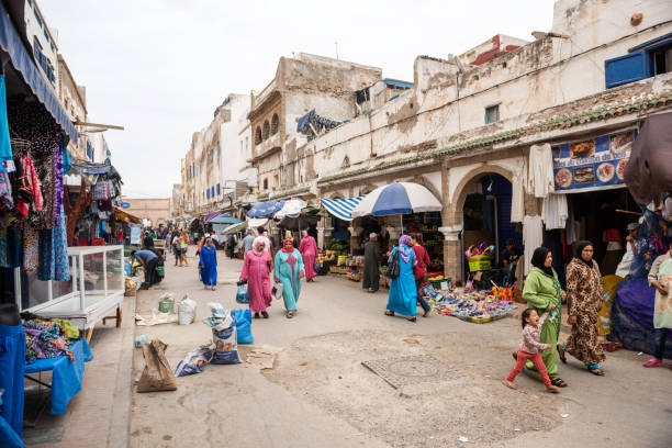 Essaouira, Morocco - June 09, 2015: View of a market place with food, clothes and other touristic stuff.