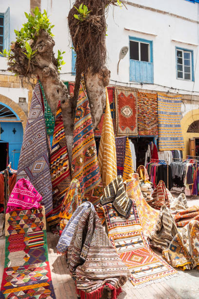 Essaouira, Morocco: View of a market stall for carpets.