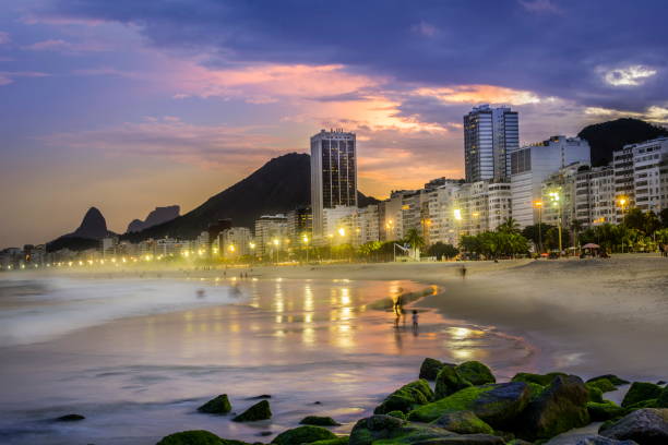 istock Copacabana beach by dusk sunset dramatic light landscape Rio de Janeiro Brazil night cityscape Praia Copacabana 1216744339