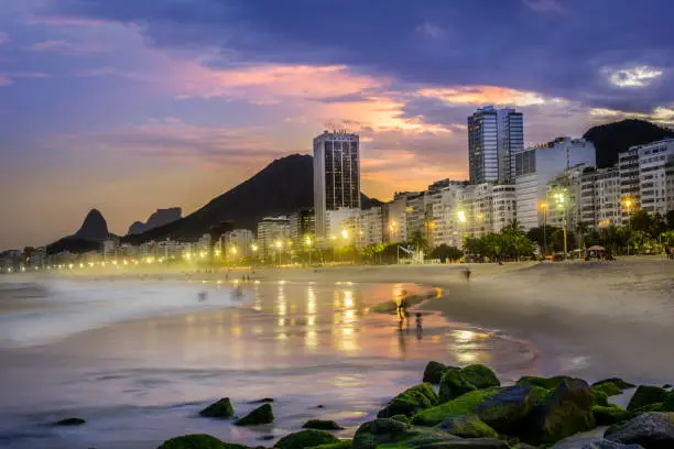 Long exposure landscape over Copacabana beach in Rio de Janeiro brazil at dusk, sunset scelic nightscape