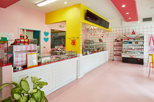 Wide angle view of colorful bakery in Miami creating gourmet vegan and gluten free cupcakes, cakes, and doughnuts.