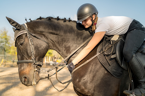 Portrait of teenage girl with horse in stable