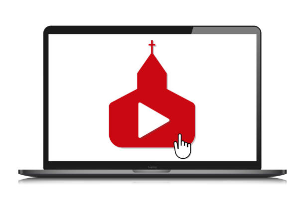 illustrations, cliparts, dessins animés et icônes de ordinateur portable maquette en ligne église vidéo en streaming vecteur - sacred site
