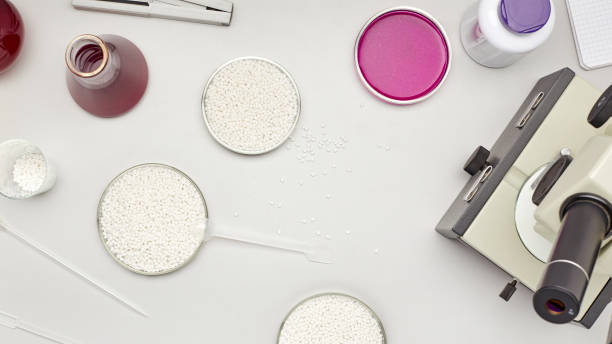 istock Top view of a desk in a chemistry lab 1216748486