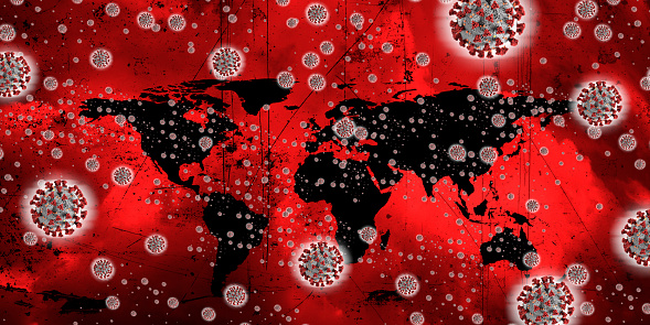 Conceptual health image, Global crisis of Covid-19 virus epidemic over world map. 
Covid-19 virus illustration downloaded from CDC than layered and manipulated. for more information please visit Centers for Disease Control and Prevention web site: https://www.cdc.gov/media/subtopic/images.htm 
NASA world map image layered and used; https://earthobservatory.nasa.gov/features/NightLights/page3.php