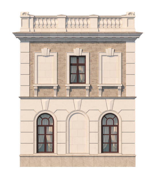 Facade of a two-story classic house with windows. 3D rendering