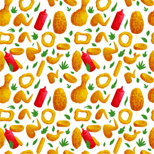 Fast food meat and sauce seamless pattern Fast food meat and sauce seamless pattern. Junk meal texture. Fried wings and nuggets vector background. Tasty unhealthy snacks with ketchup. Decorative textile, wallpaper, wrapping paper design nuggets heat stock illustrations