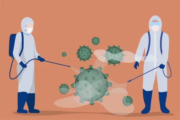 Vector illustration of Medical scientists in hazmat protection suits Spraying chemical and disinfecting coronavirus cells epidemic